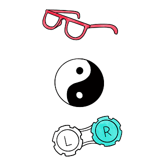 Glasses, contact lenses and a yin and yang sign showing how you can have both