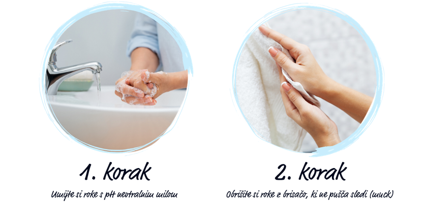 Ženska si z milom umiva roke in jih obriše z brisačo, ki ne pušča sledi (muck)