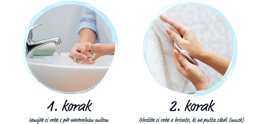 Ženska si z milom umiva roke in jih obriše z brisačo, ki ne pušča sledi (muck)