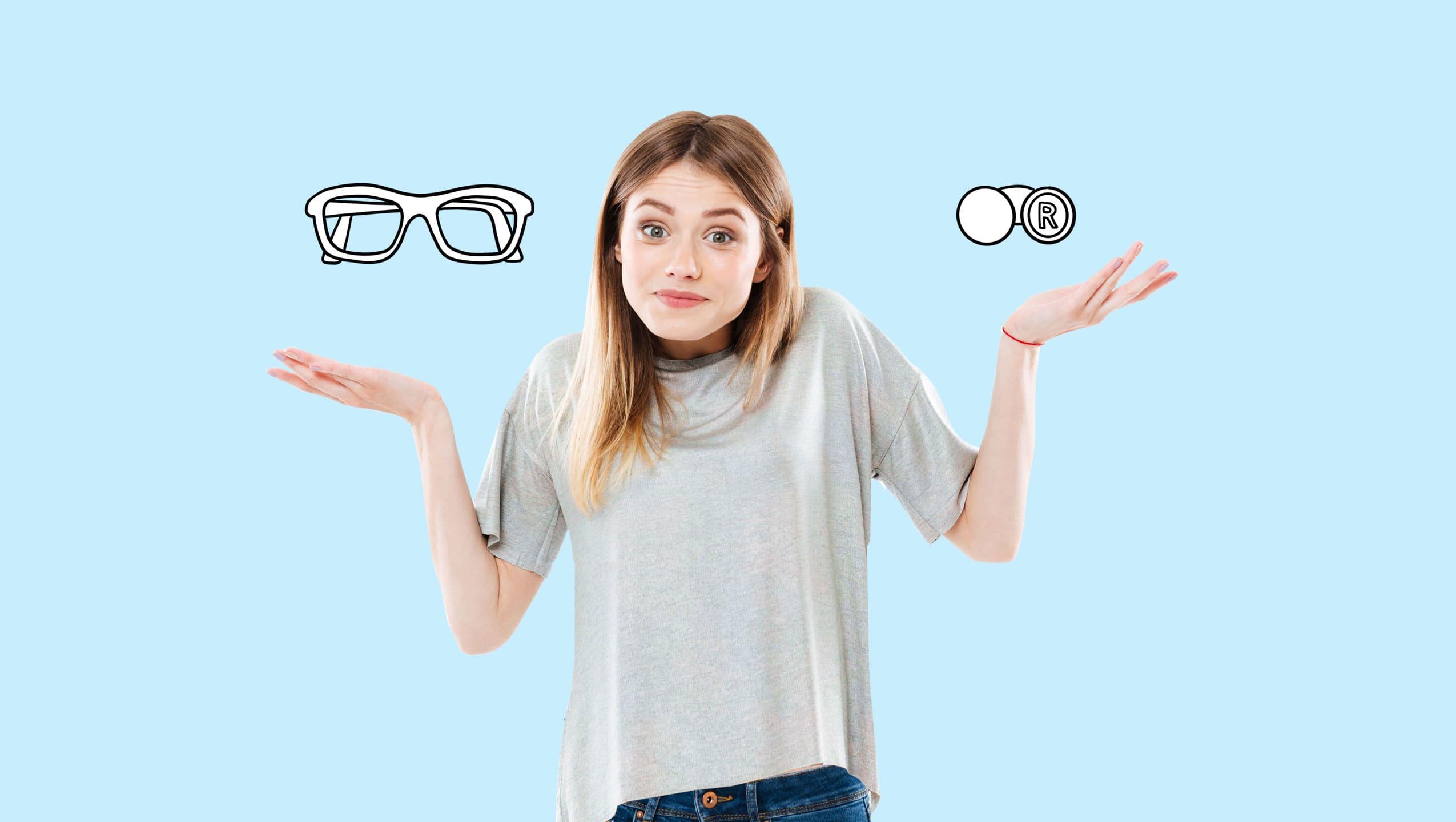Woman making a choice between contact lenses and glasses